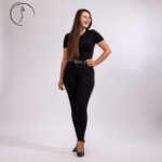 Full shot of hostess in black suit