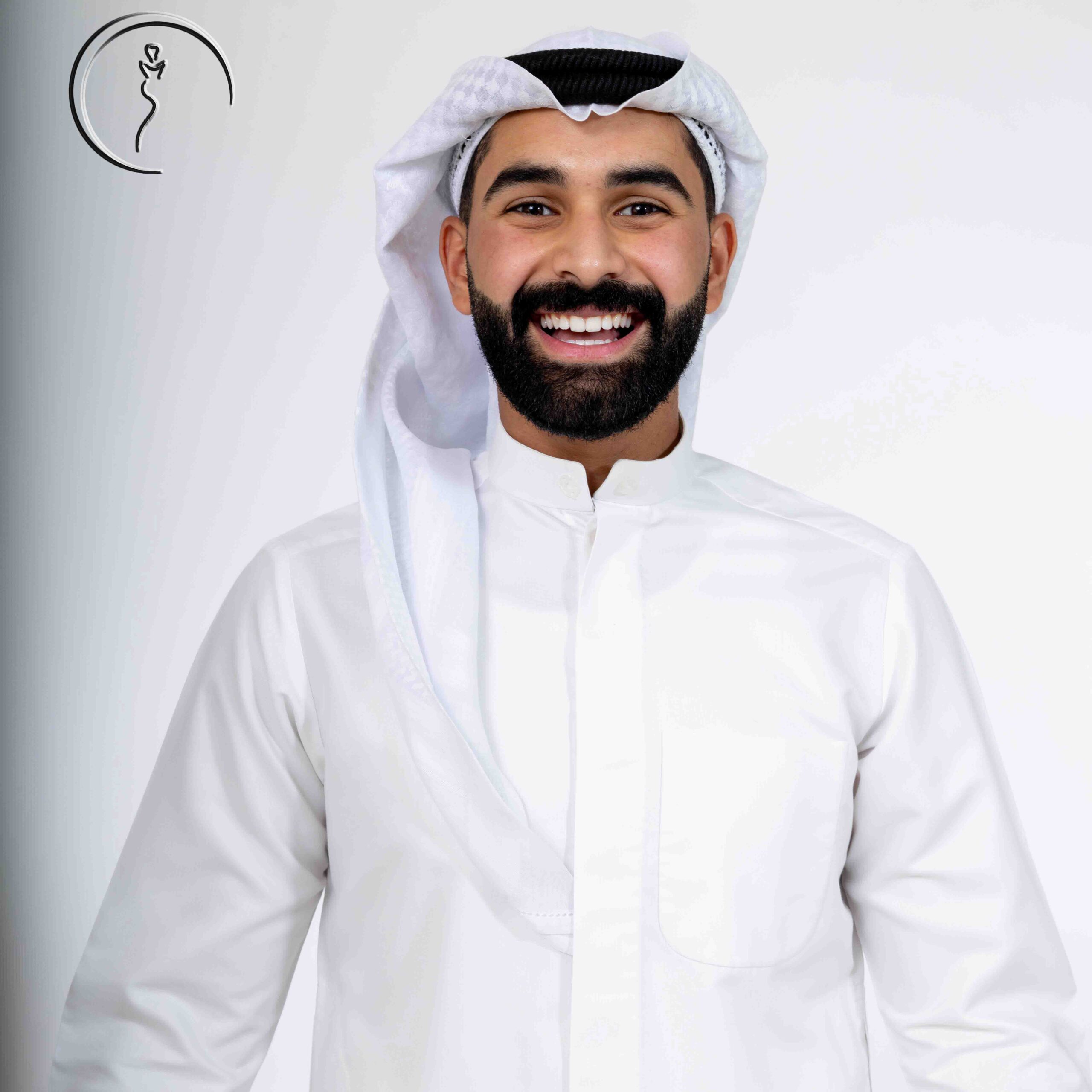 Confident man in white thobe and ghutra standing in a clean backdrop