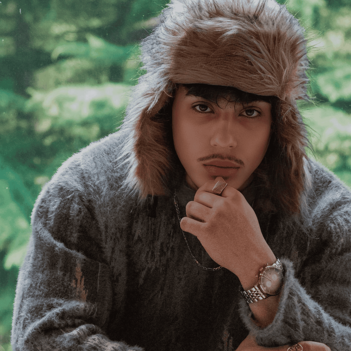 Close-up portrait of male model in winter outfit