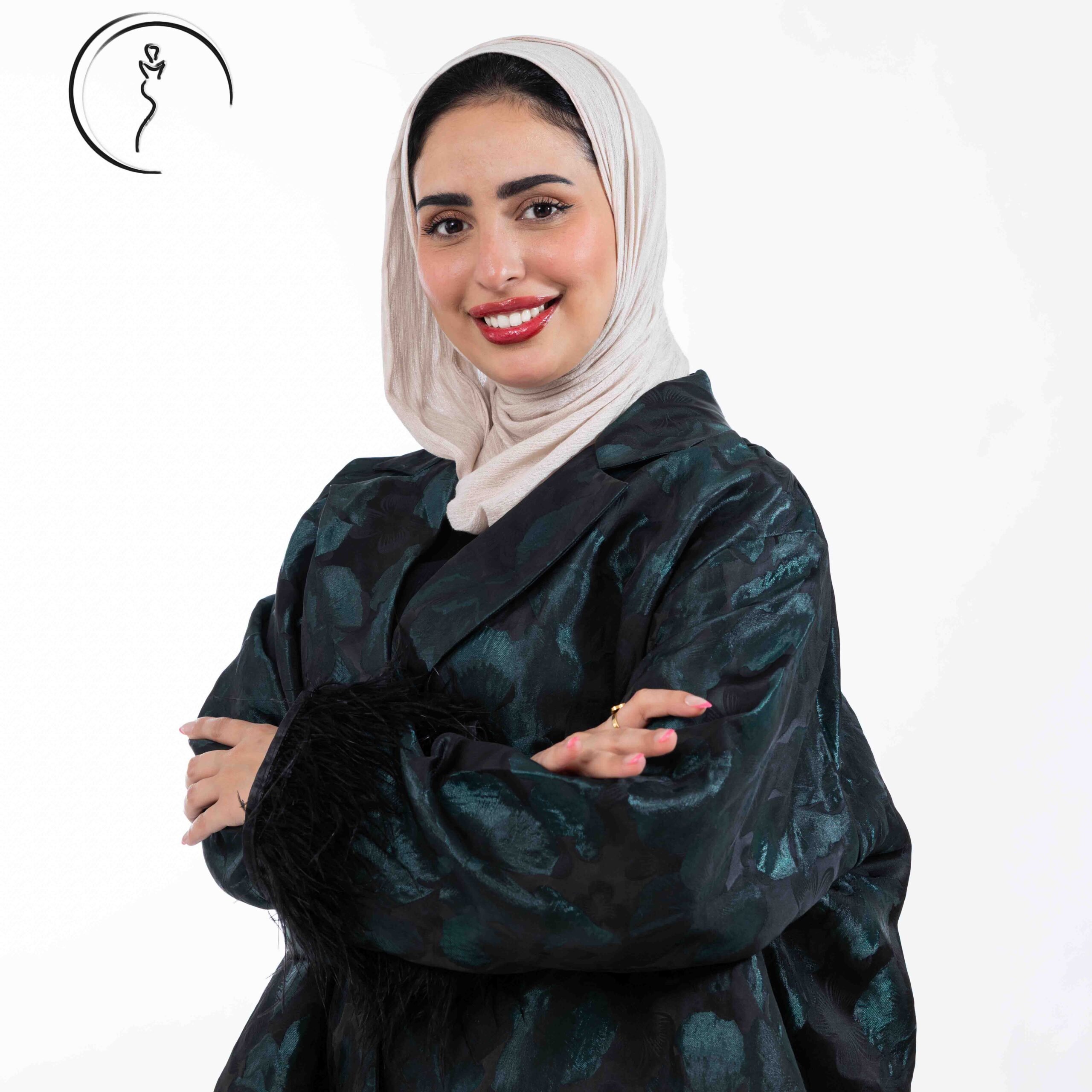 Confident female model in modest fashion with headscarf. Model in Kuwait